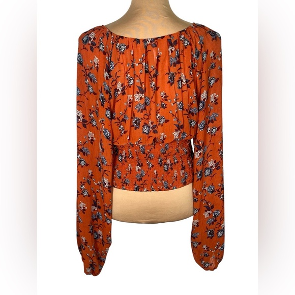Free People Final Rose Floral Print Deep V-Neck Long Balloon Sleeve Ruched Top M - Picture 4 of 14